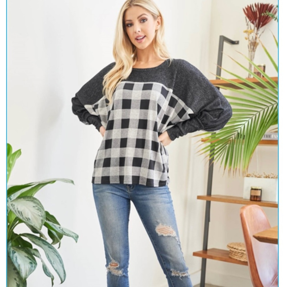 DOLMAN BRUSHED RIB CONTRAST PLAID TOP